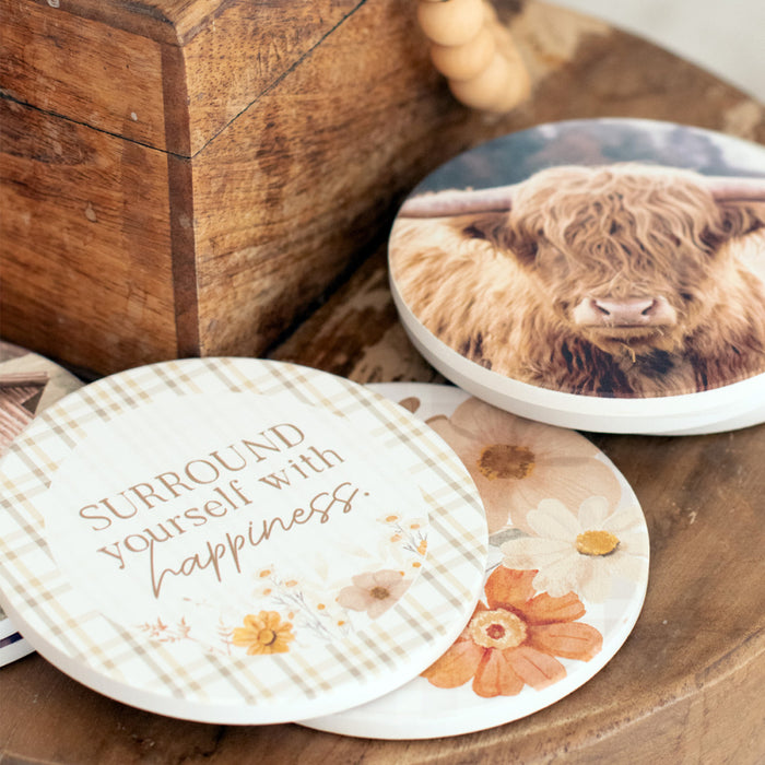 Rustic Meadow Happiness Ceramic Coaster