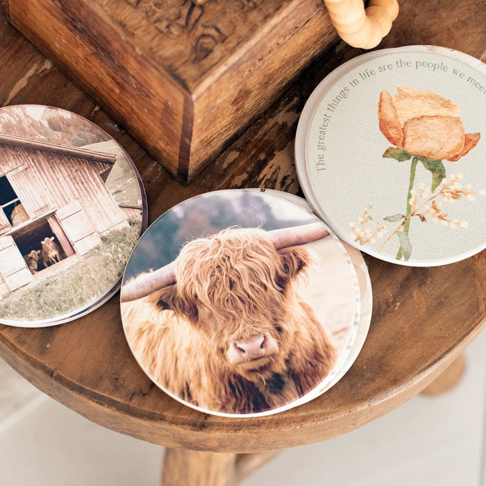 Rustic Meadow Cow Ceramic Coaster
