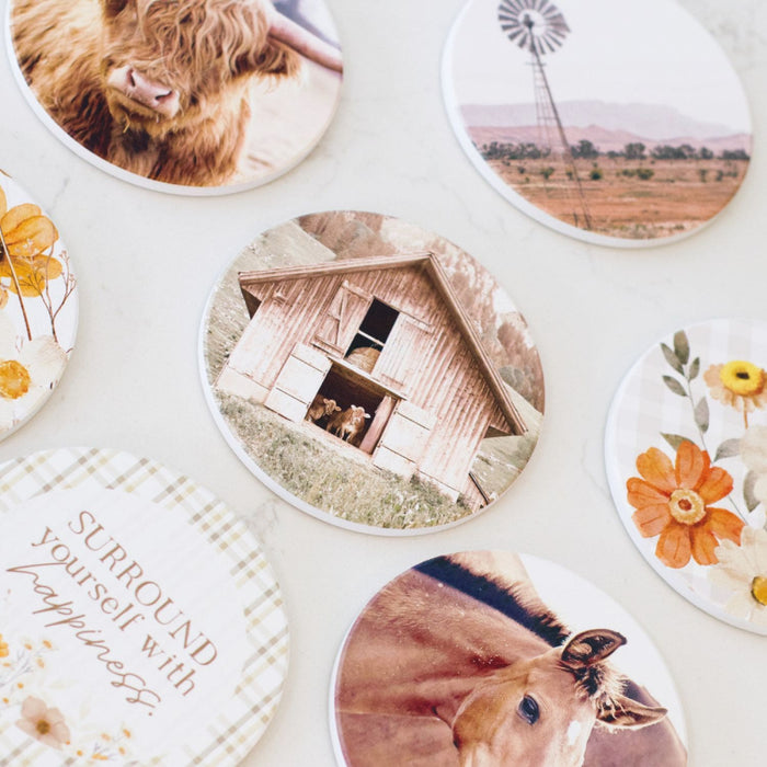 Rustic Meadow Barn Ceramic Coaster