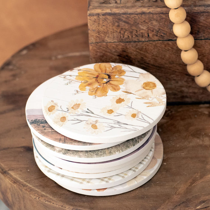 Rustic Meadow Wood Floral Ceramic Coaster