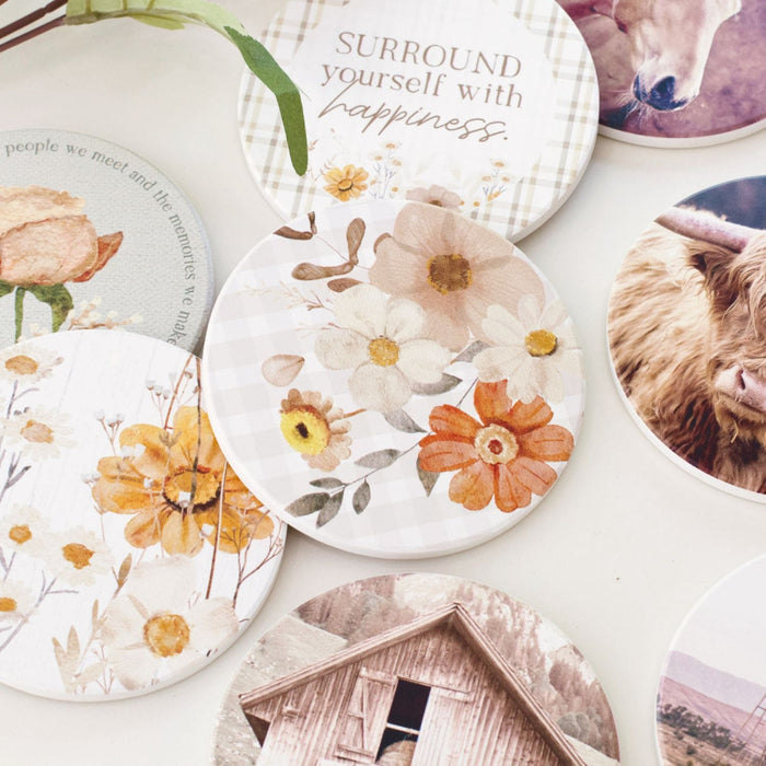 Rustic Meadow Check Floral Ceramic Coaster