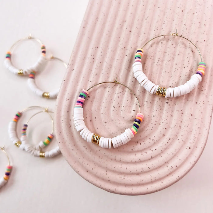 White Rainbow Heishi Hoop Earrings
