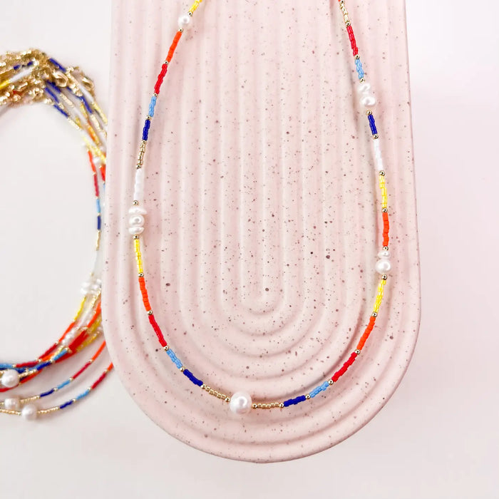 Rainbow Seed Bead Necklace with Freshwater Pearls